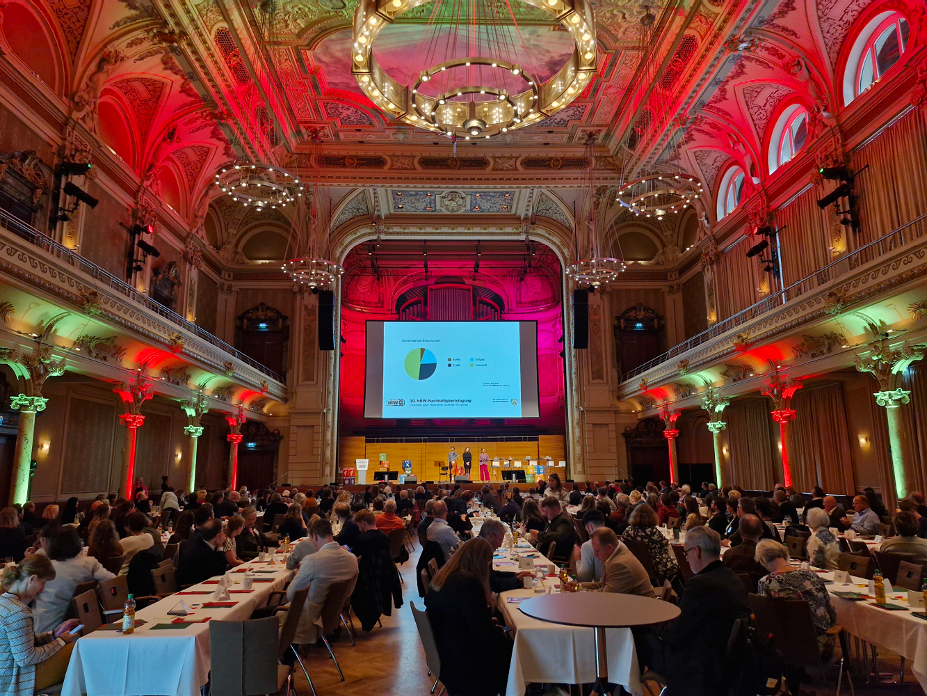© ILS Großer Saal mit roter Beleuchtung und historischer Architektur, an langen Tischen sitzen viele Menschen, die auf eine Bühne schauen. Über der Bühne hängt eine Leinwand mit einer Präsentation. Auf der Bühne stehen 3 Personen und reden zum Publikum.