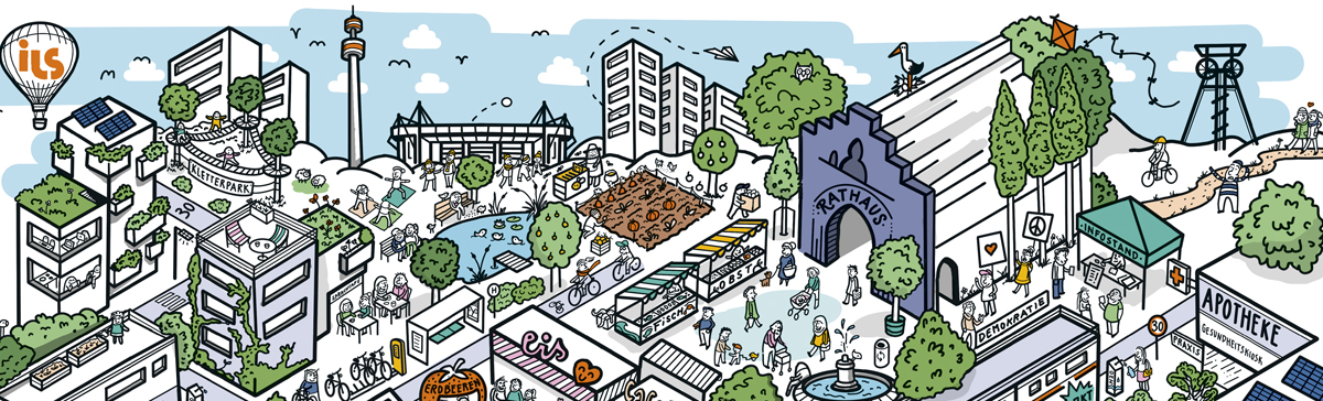 Gezeichnetes Bild einer Stadt mit urban Gardening, Fahrradstreifen, Grünanlagen, Treffpunkten