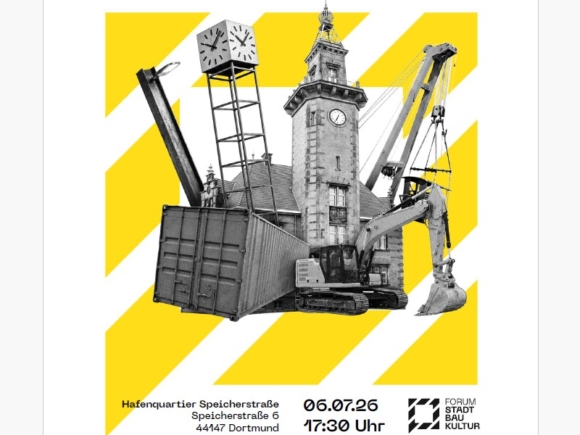 Collage von mehreren schwarz-weiß Fotos, darunter ein Hafengebäude, ein Container und ein Bagger.