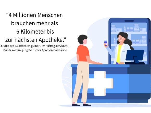 Grafik einer Apothekensituation, bei der eine Apothekerin einer Kundin ein Produkt erklärt.