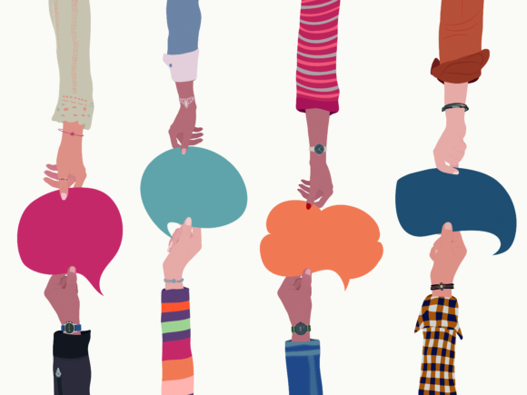 Human resources concept. Raised arms and hand up of multicultural